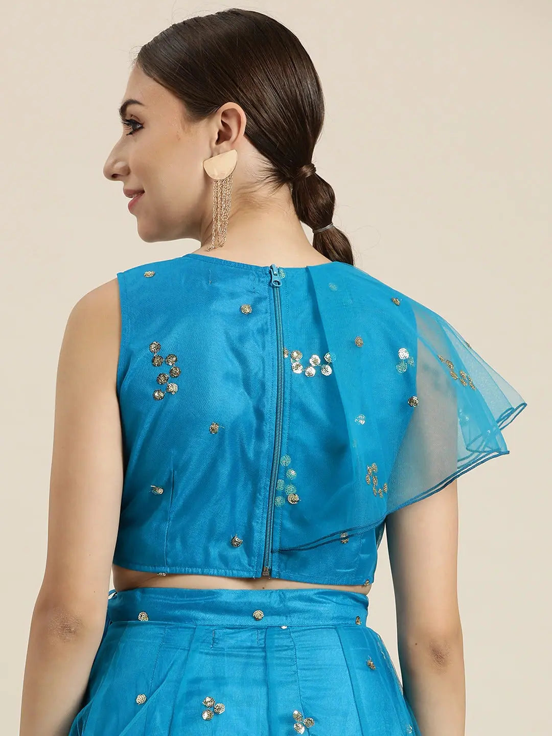 Teal Sequin Crop Top - Ruffle Detail Party Wear