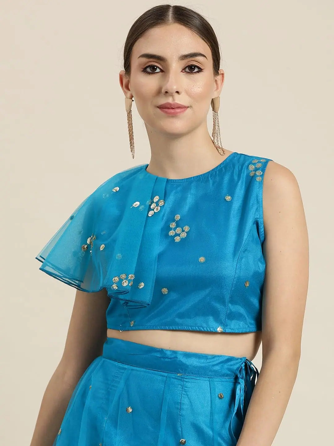 Teal Sequin Crop Top - Ruffle Detail Party Wear