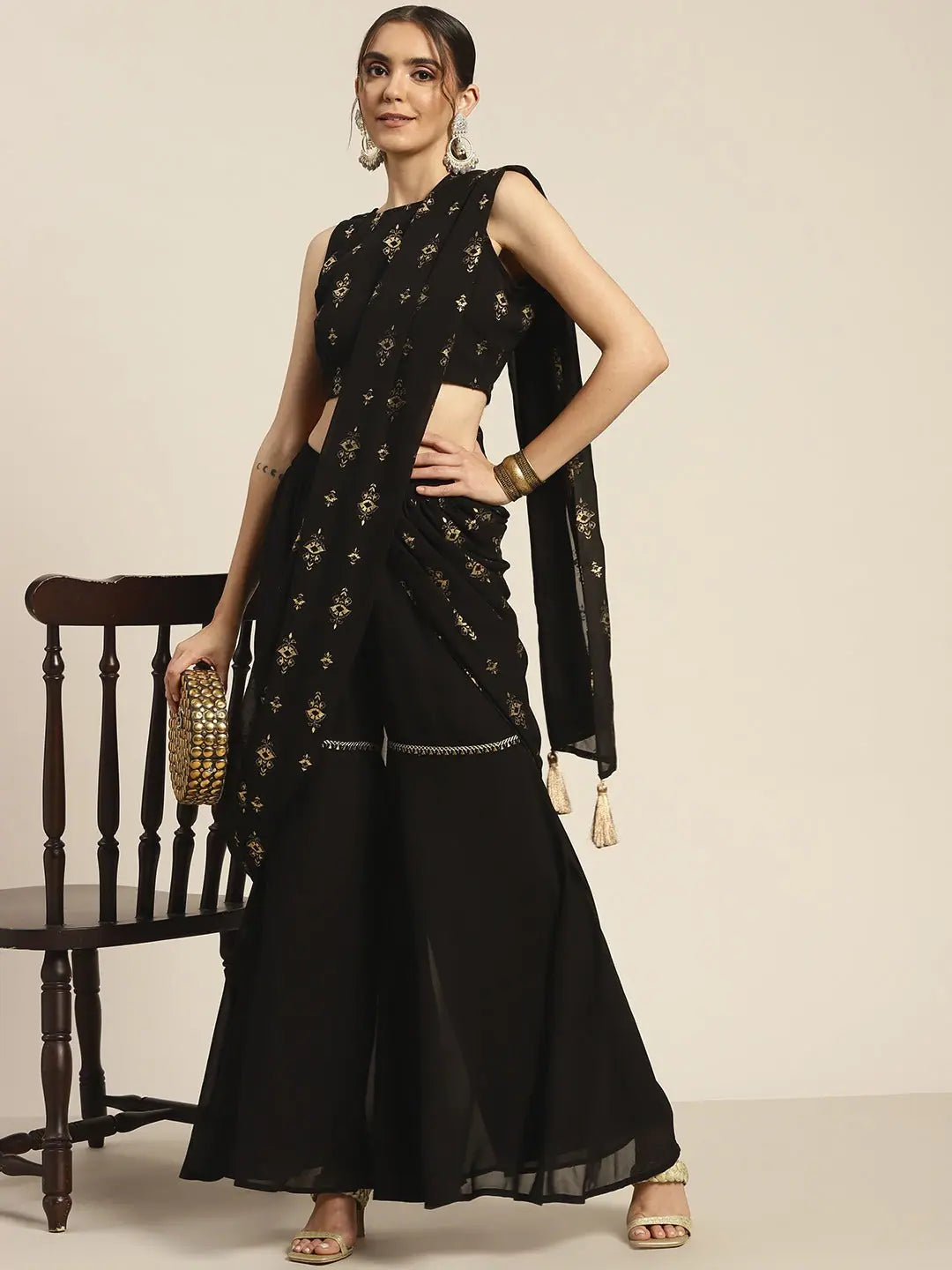 Black Foil Crop Top - Women's Designer Lehenga Style Top