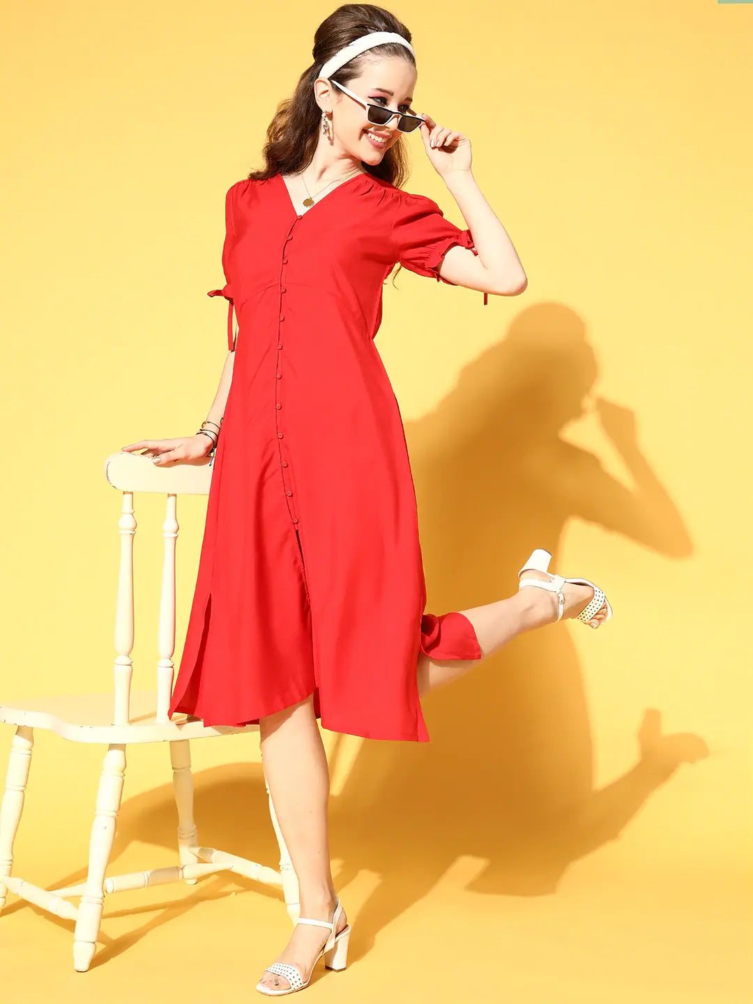 Red Midi Dress - Women's Lehenga Inspired Party Wear Dress