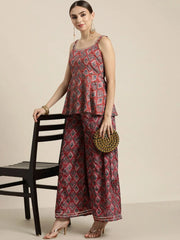 Women Maroon Floral Strappy Peplum Top