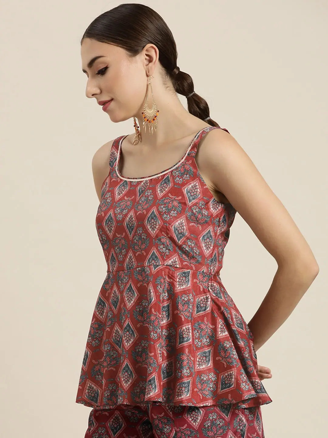 Maroon Floral Peplum Top - Women's Western Clothing Style