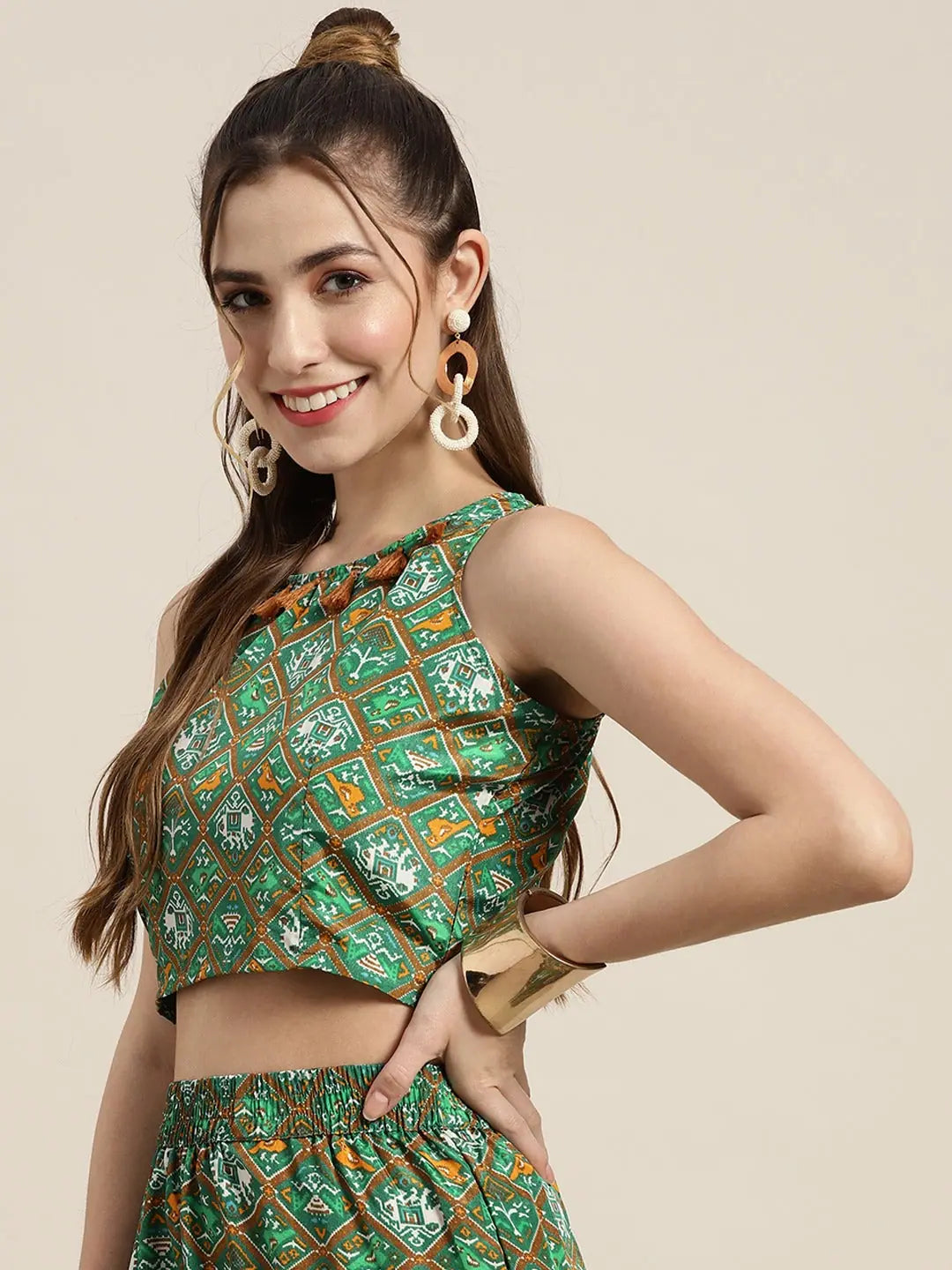 Green Patola Crop Top - Women's Traditional Indian Lehenga