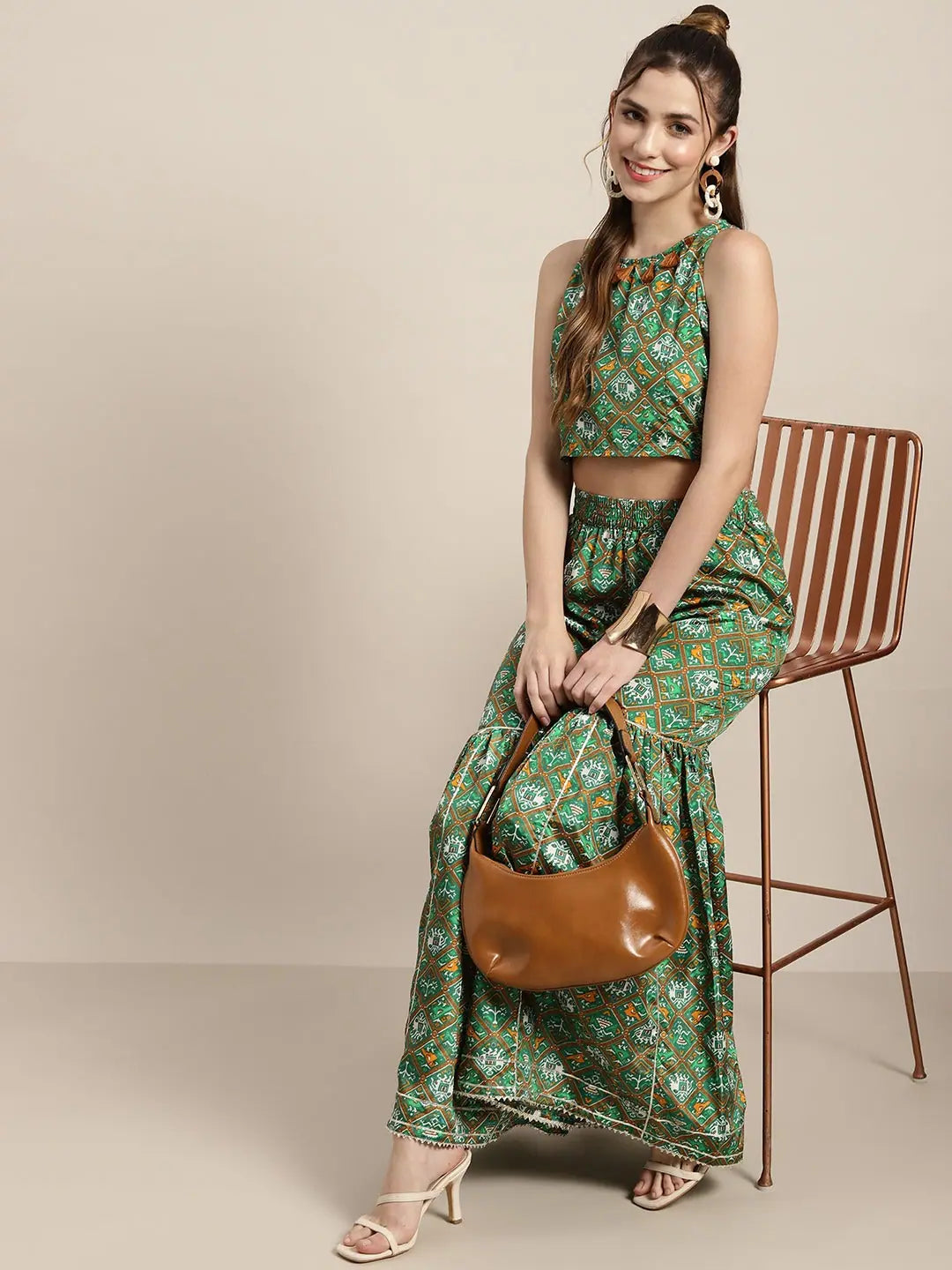 Green Patola Crop Top - Women's Traditional Indian Lehenga