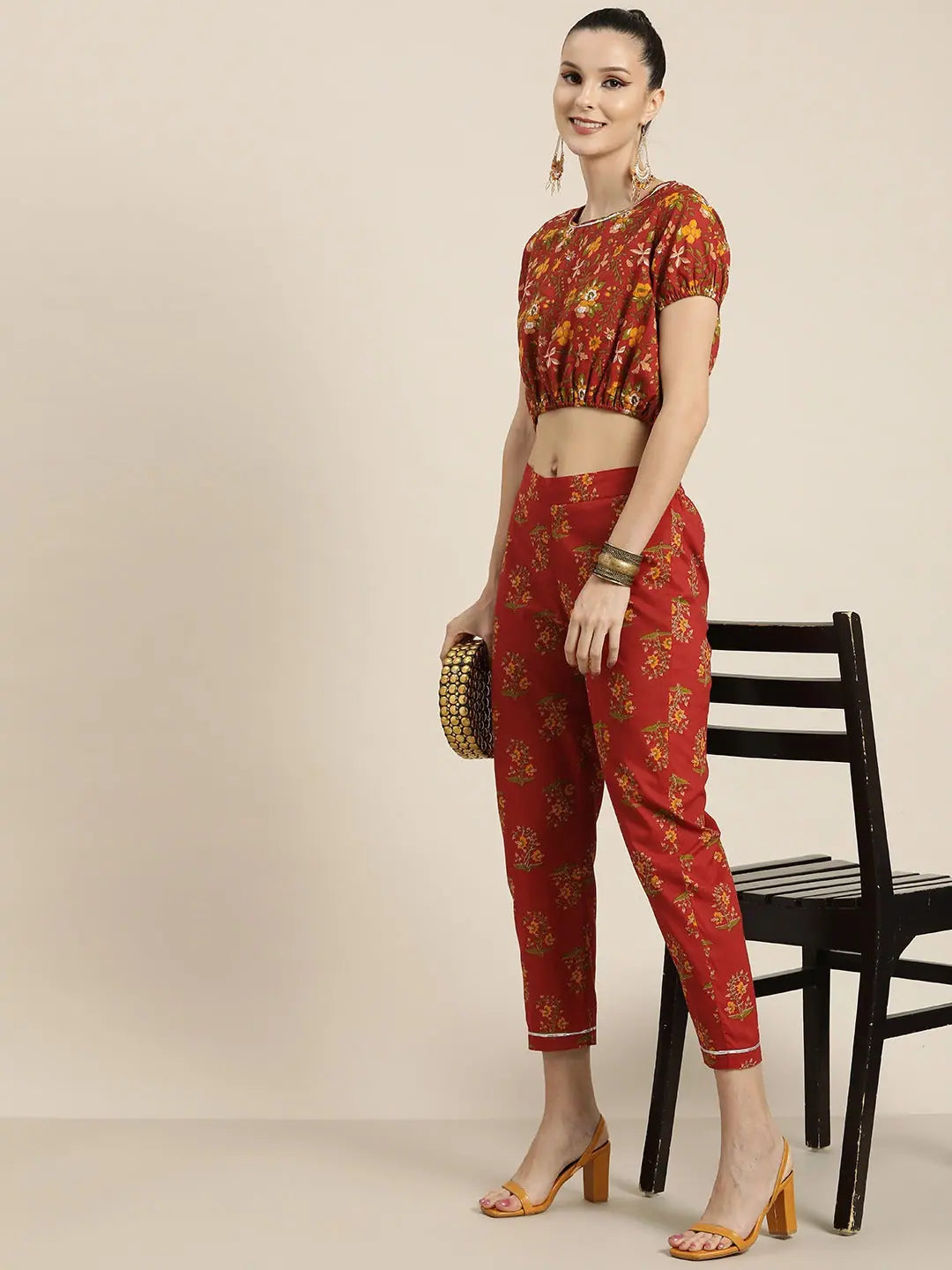 Rust Floral Crop Top - Women's Ethnic Lehenga Choli Style