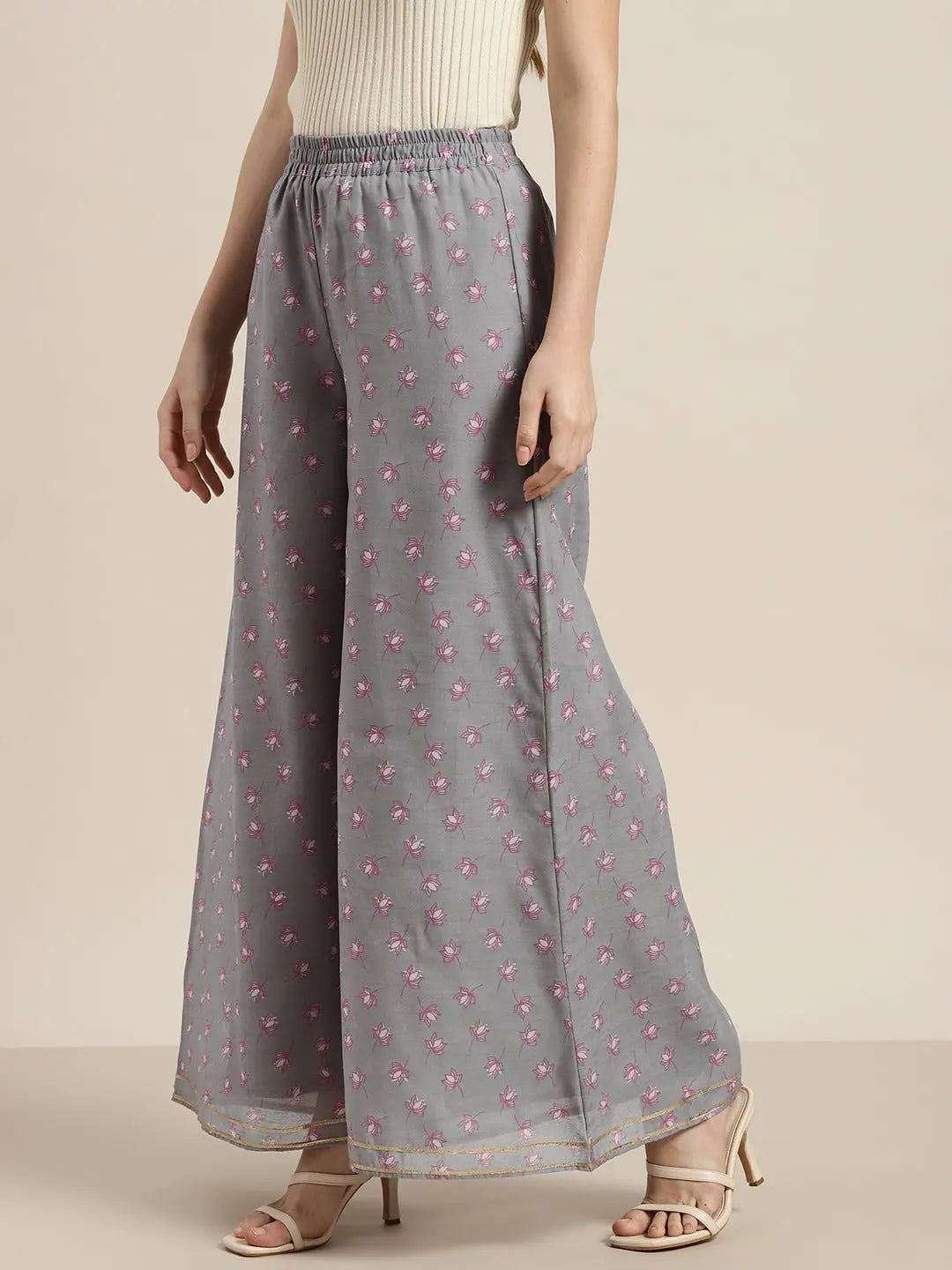 Grey Lotus Flared Palazzo Pants | High Waisted Palazzo Pants