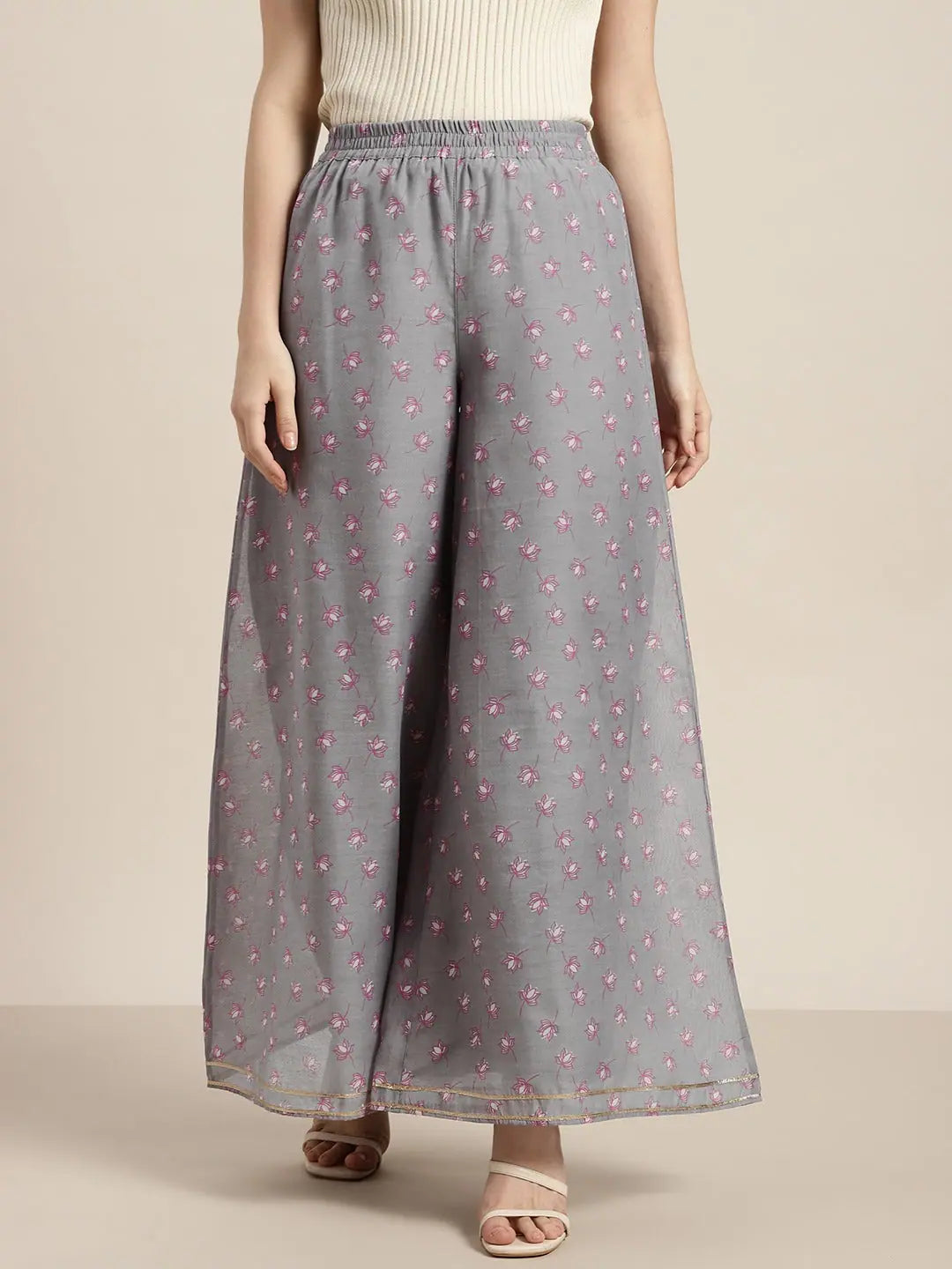Grey Lotus Flared Palazzo Pants | High Waisted Palazzo Pants