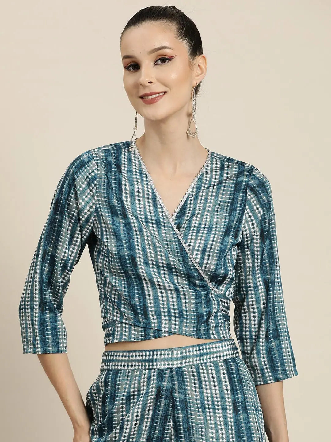 Teal Shibori Crop Top - Women's Wrap Top with Lace Detail
