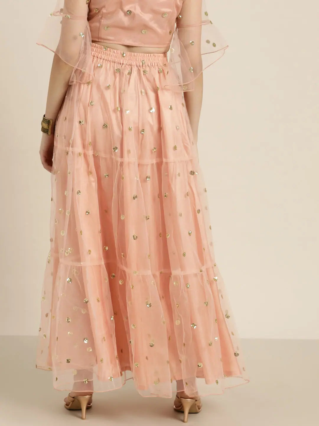 Peach Tulle Sequins Tiered Skirt | Women's Ethnic Wear