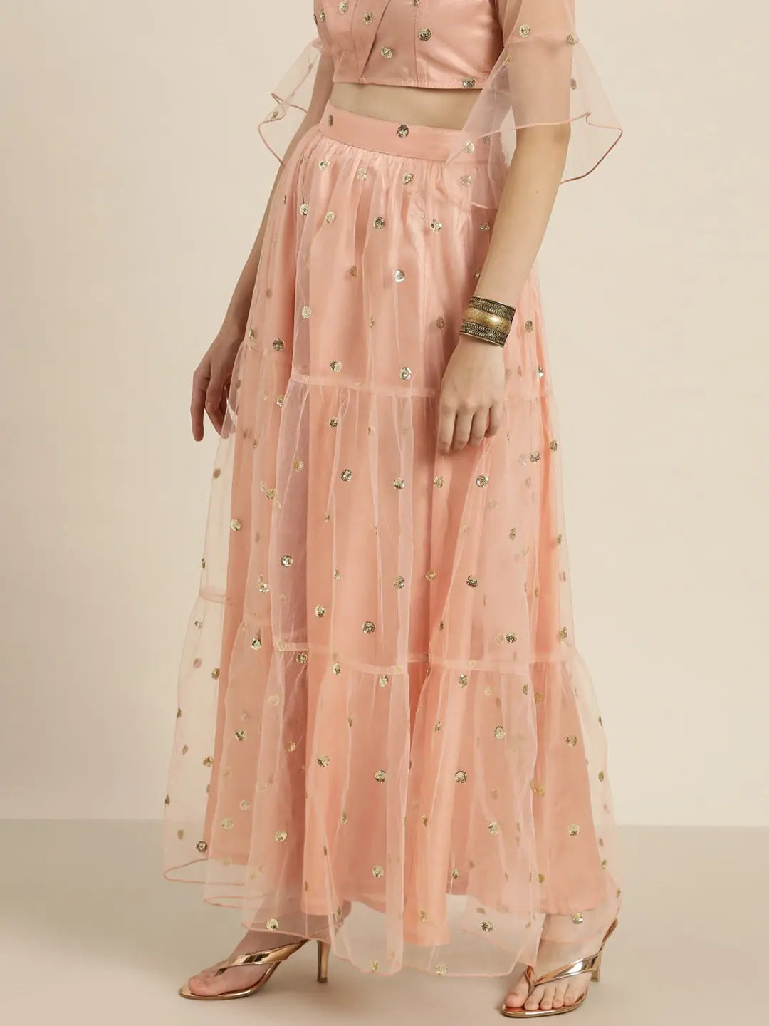 Peach Tulle Sequins Tiered Skirt | Women's Ethnic Wear