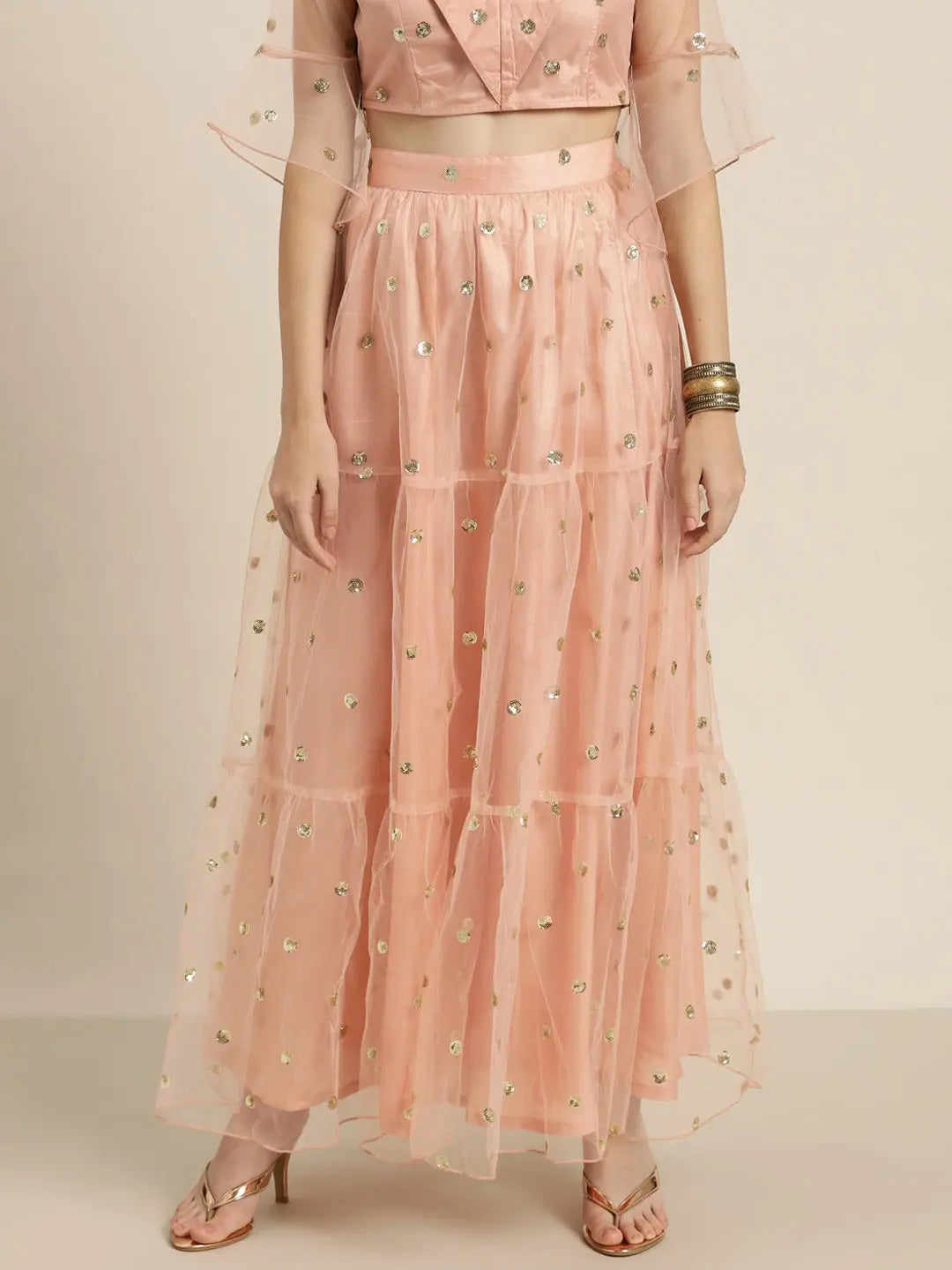 Peach Tulle Sequins Tiered Skirt | Women's Ethnic Wear