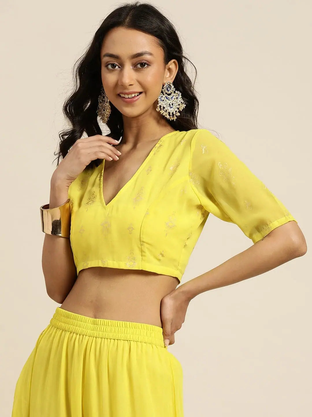 Lime Green Foil Print Crop Top - Lehenga Choli for Women
