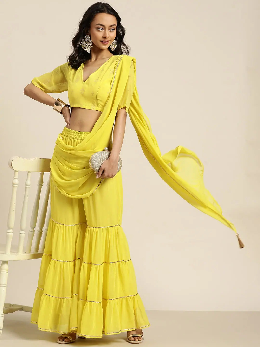 Lime Green Foil Print Crop Top - Lehenga Choli for Women