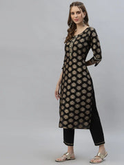 Women's Gold Printed Rayon Straight Kurta Pant Set-BLACKTORUSET-S