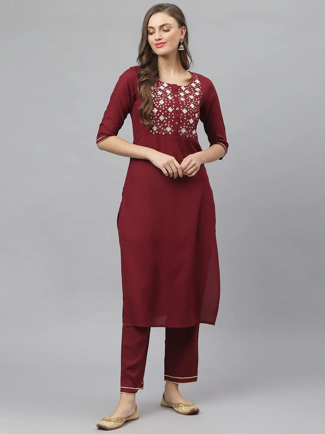 Embroidered Maroon Women's Kurta Sets | Indian Kurta Sets
