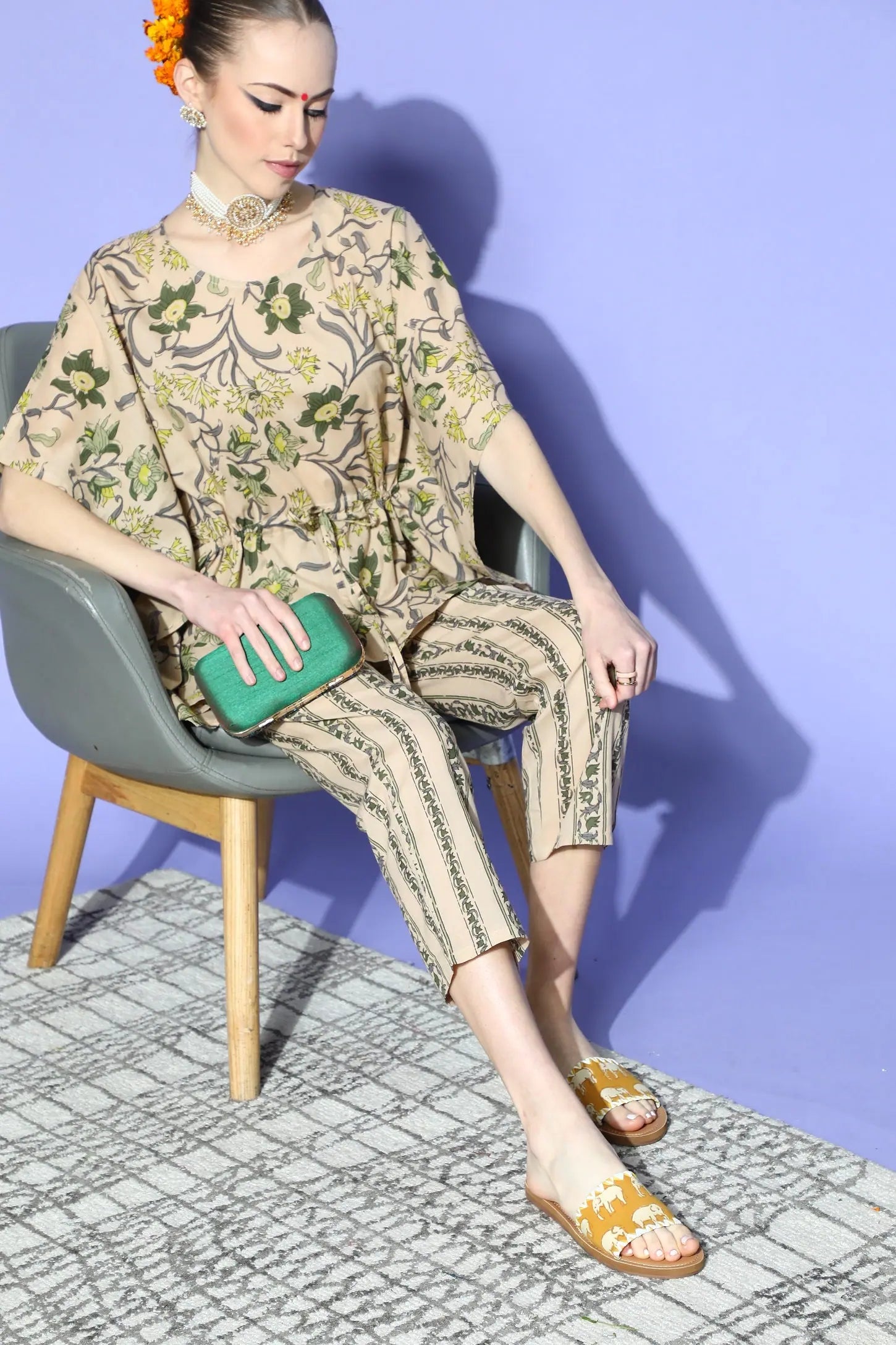 Floral Cotton Kaftan Kurta Pant Set - Women's Tops and Shirts