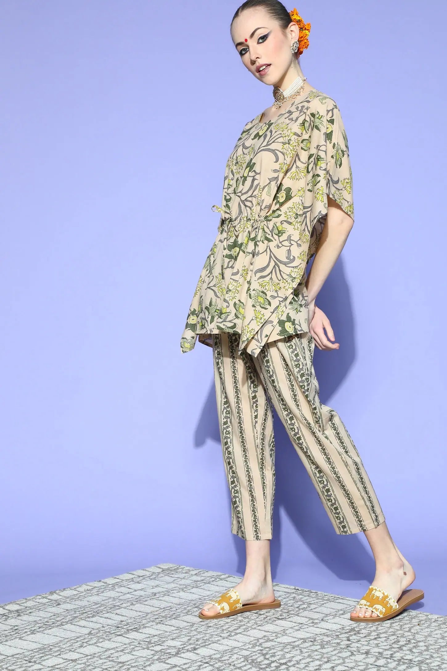 Floral Cotton Kaftan Kurta Pant Set - Women's Tops and Shirts