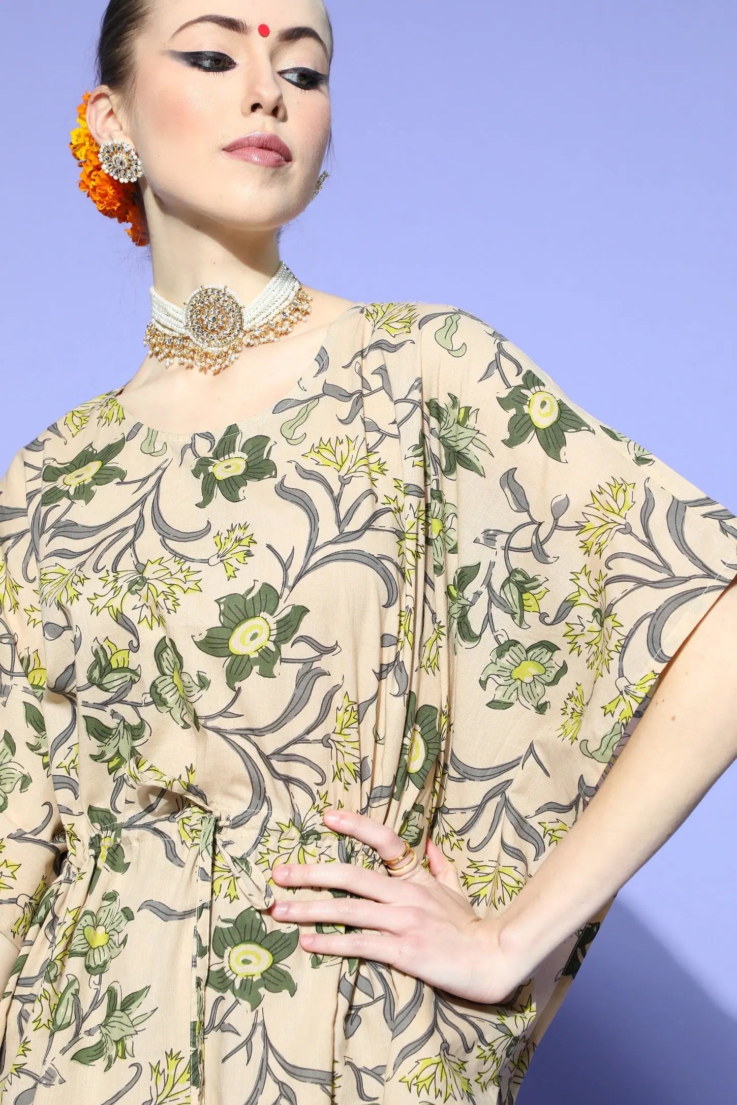 Floral Cotton Kaftan Kurta Pant Set - Women's Tops and Shirts