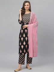 Women's Floral Print Rayon Straight Kurta Pant Dupatta Set-KPDMONTYBLACK-S