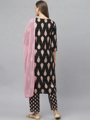 Women's Floral Print Rayon Straight Kurta Pant Dupatta Set-KPDMONTYBLACK-S
