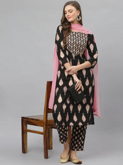 Women's Floral Print Rayon Straight Kurta Pant Dupatta Set-KPDMONTYBLACK-S