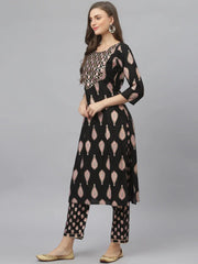 Women's Floral Print Rayon Straight Kurta Pant Dupatta Set-KPDMONTYBLACK-S