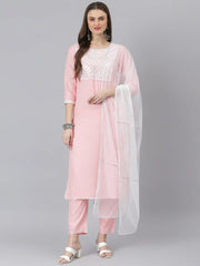 Women's Embroidered Rayon Straight Kurta Pant Dupatta Set-KPDITALYLPINK-S