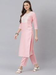 Women's Embroidered Rayon Straight Kurta Pant Dupatta Set-KPDITALYLPINK-S