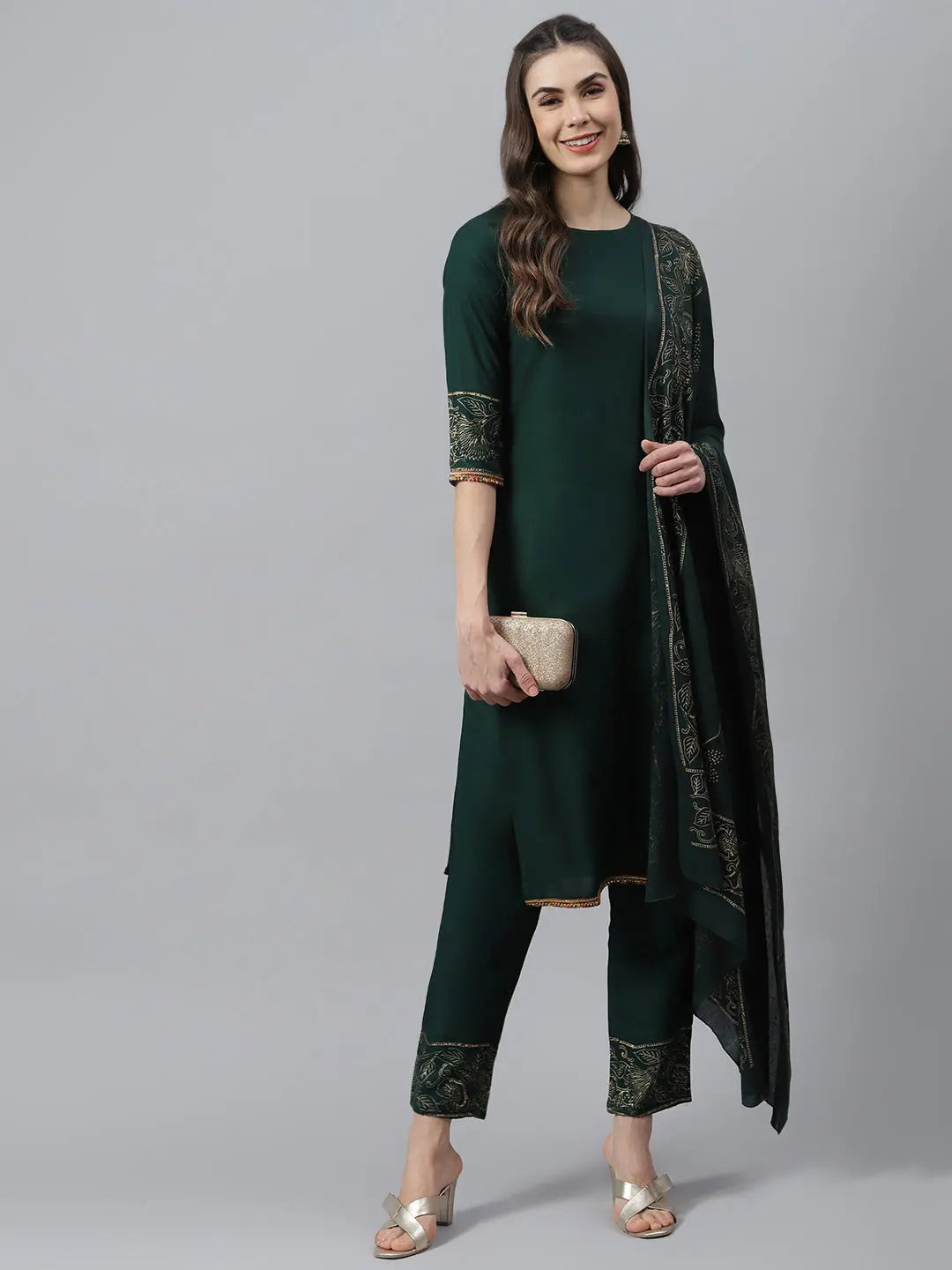 Women's Green Kurta Set with Dupatta - Viscose Indian Design