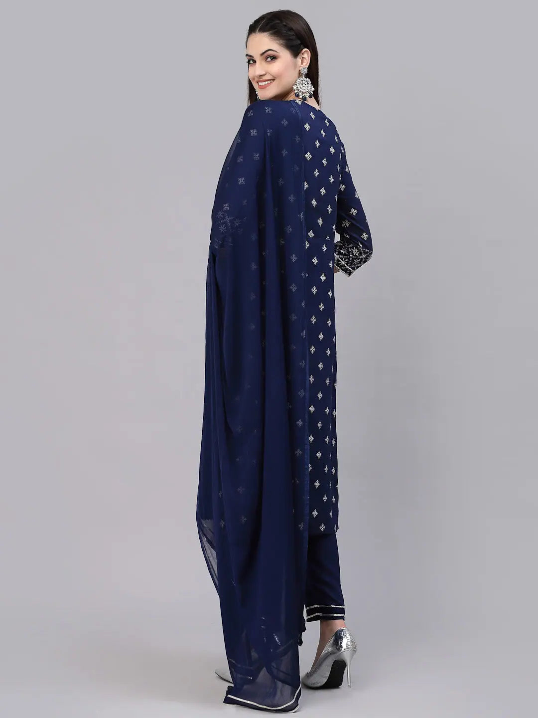 Designer Indian Kurta Set with Dupatta - Navy Embroidered Rayon