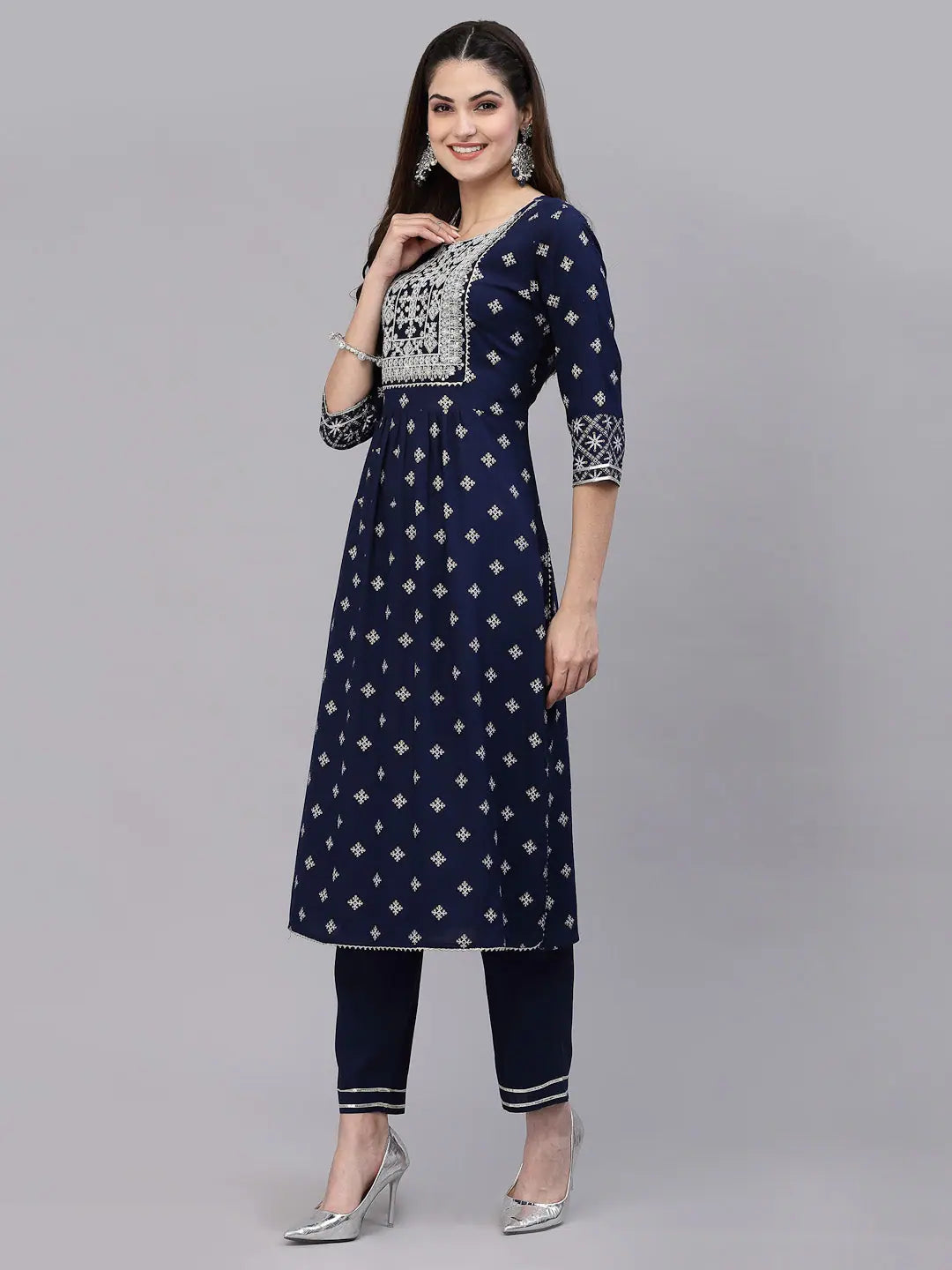 Designer Indian Kurta Set with Dupatta - Navy Embroidered Rayon