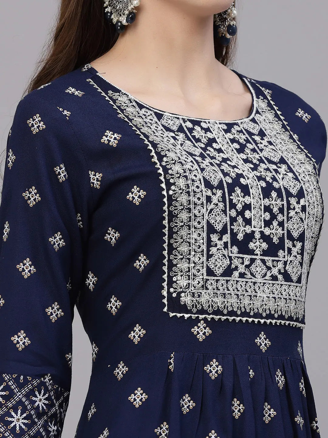 Designer Indian Kurta Set with Dupatta - Navy Embroidered Rayon