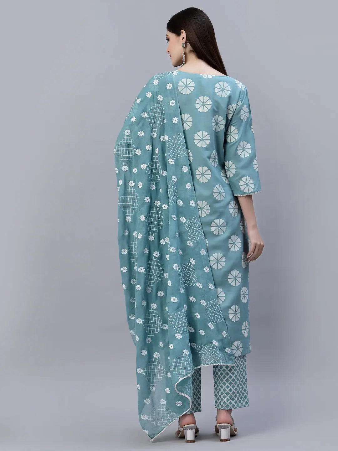 Women's Cotton Kurta Set with Dupatta - Aqua Floral Print