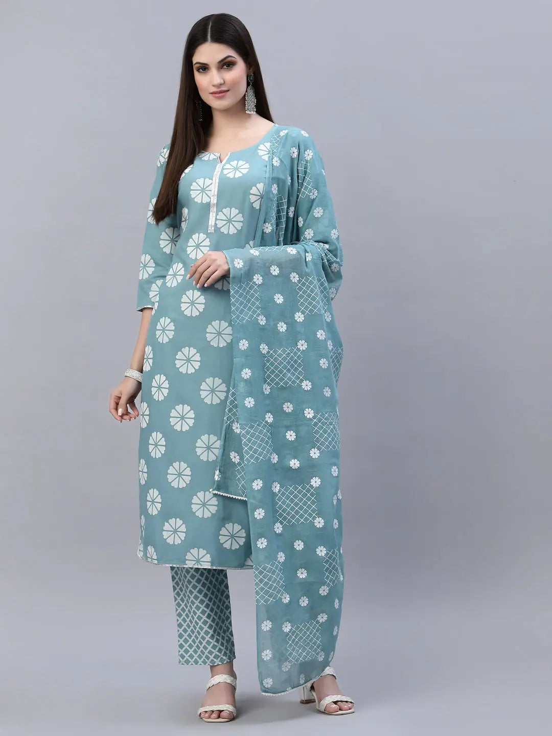 Women's Cotton Kurta Set with Dupatta - Aqua Floral Print