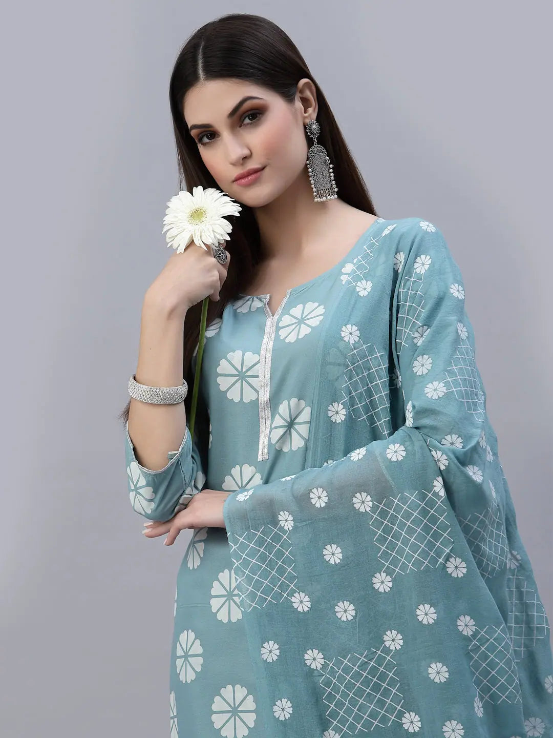 Women's Cotton Kurta Set with Dupatta - Aqua Floral Print