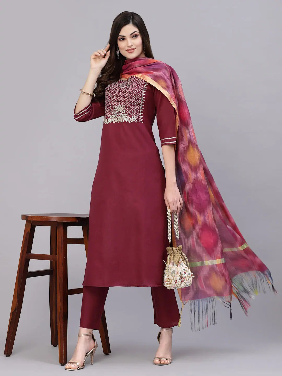 Embroidered Cotton Kurta Set with Dupatta | Women's Kurta