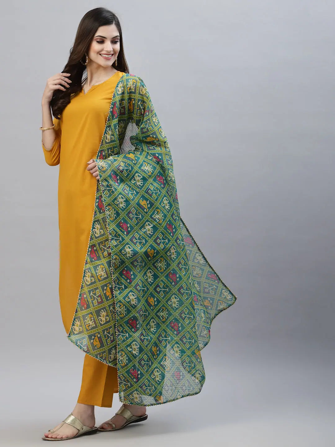 Mustard Kurta Set with Printed Dupatta | Women's Kurta Sets