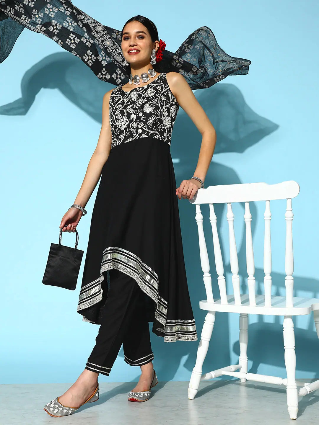 Embroidered Rayon Asymmetrical Kurta Pant Dupatta Set
