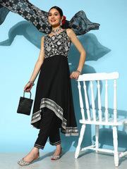 Women's Embroidered Rayon Asymmetrical Kurta Pant Dupatta Set