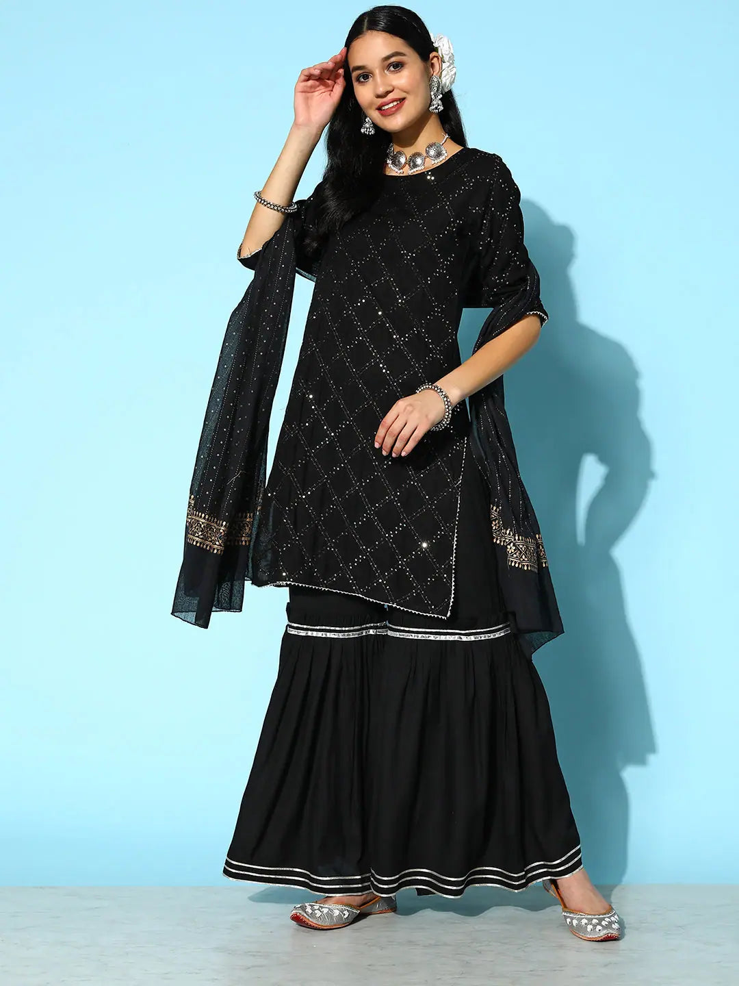 Sequenced Rayon Kurta Sharara Dupatta Set | Sharara Suits