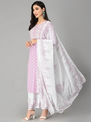 Women's Embroiderd & Printed Rayon Kurta Pant Dupatta Set