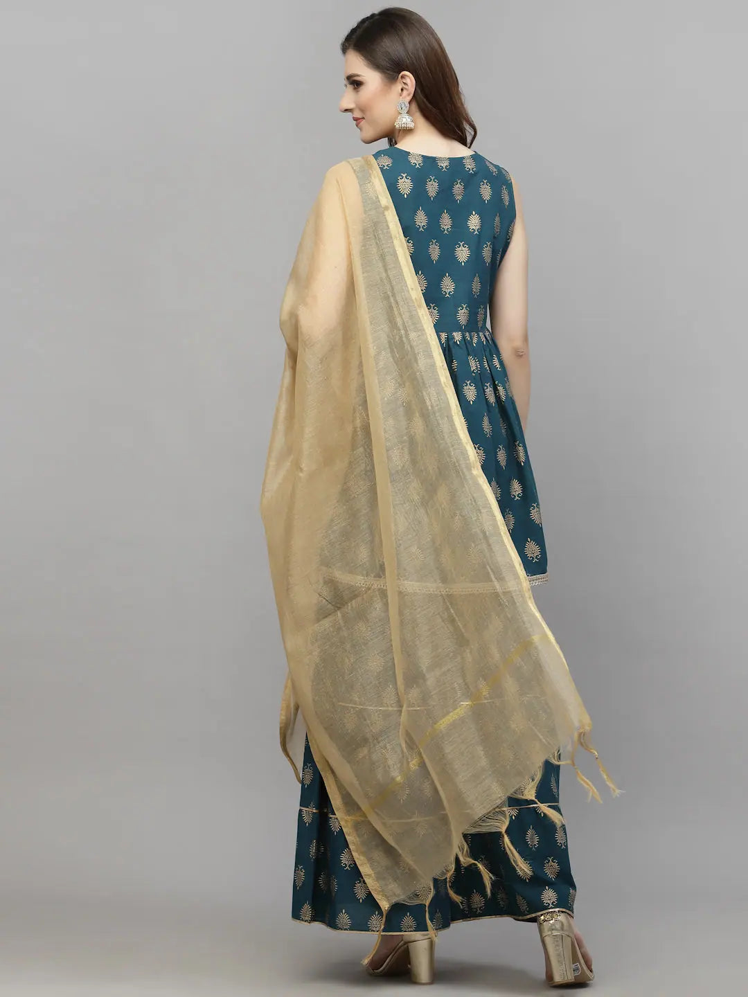 Gold Printed Cotton Kurta Sharara Dupatta Set | Sharara Suits