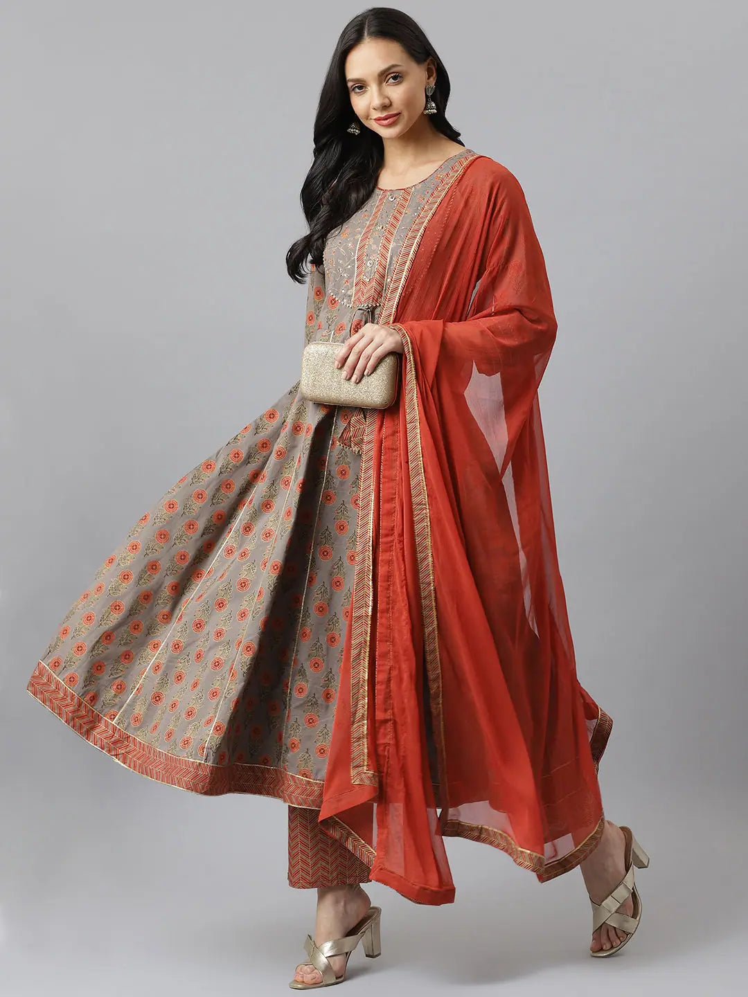 Floral Cotton Flared Kurta Pant Dupatta Set | Indian Kurta Sets