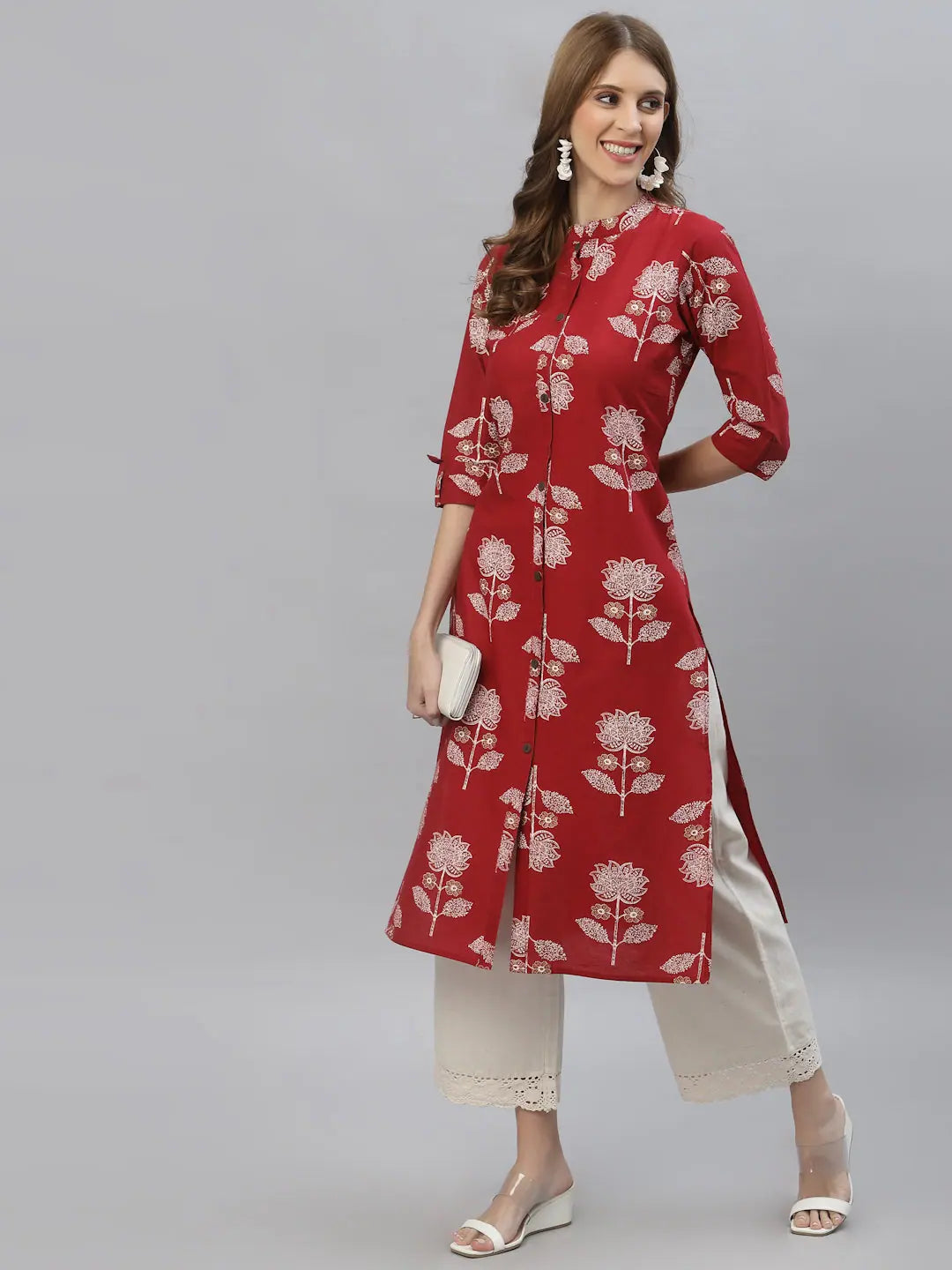 Maroon Floral Rayon Indian Kurta - Straight Kurta for Ladies