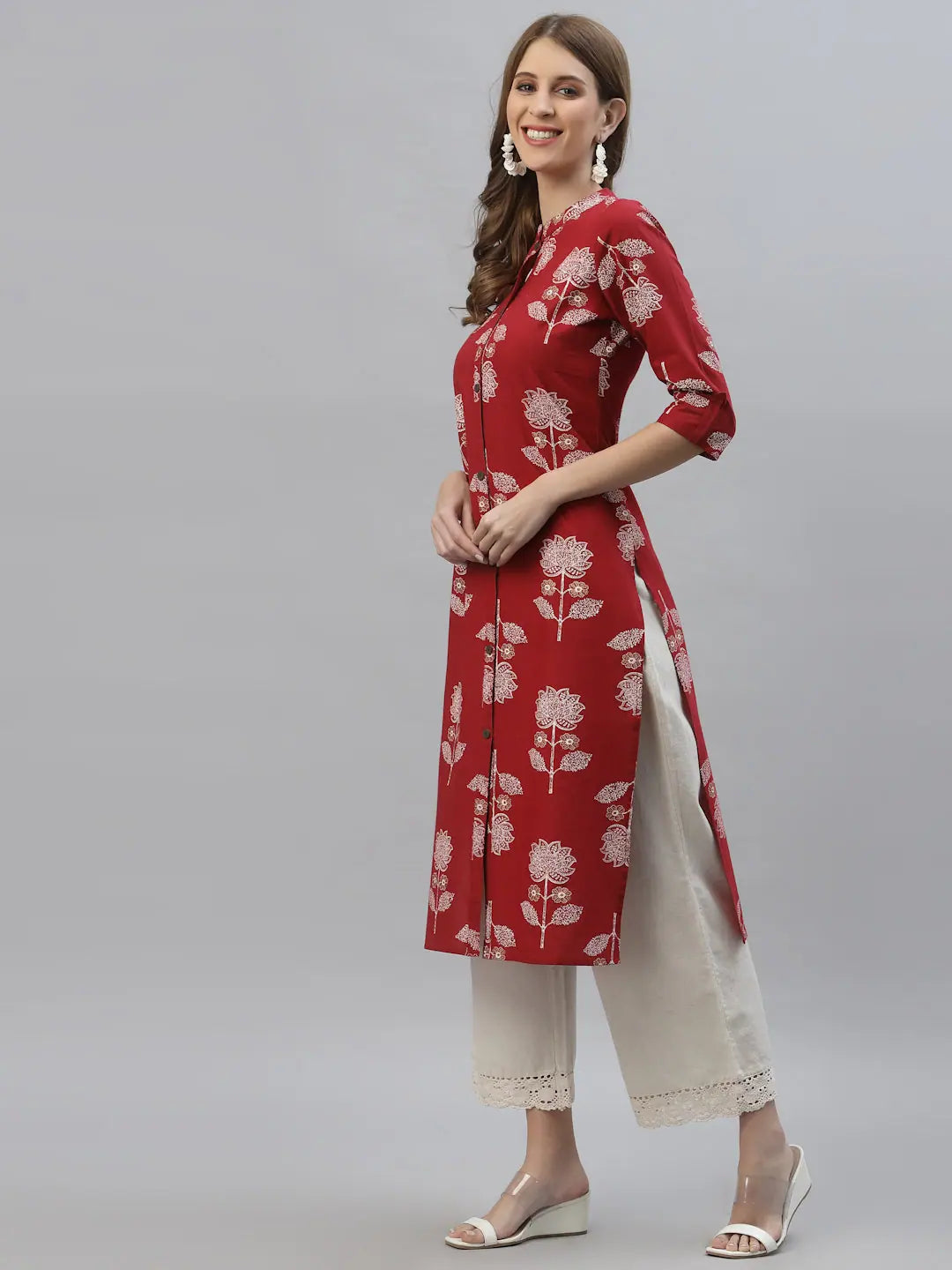 Maroon Floral Rayon Indian Kurta - Straight Kurta for Ladies