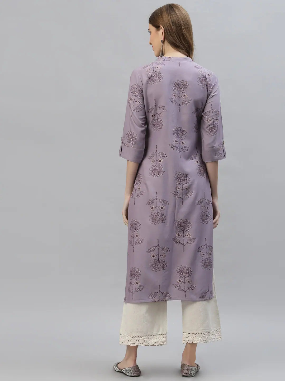 Floral Rayon Indian Kurtis - Lavender Straight Kurta for Women