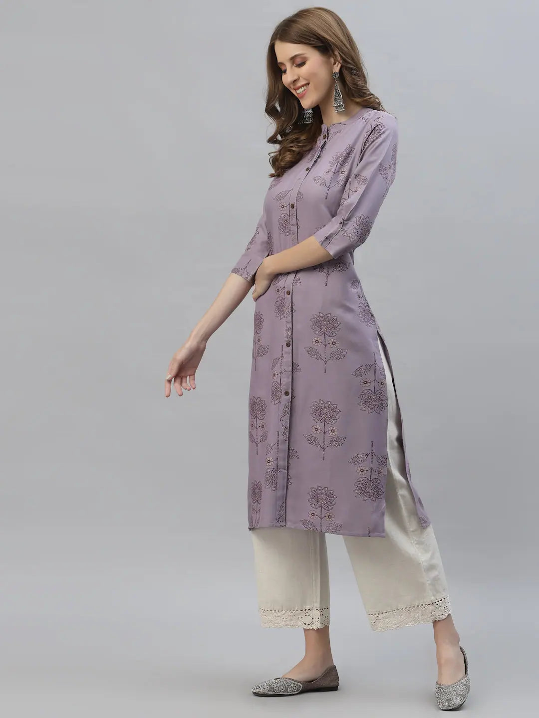 Floral Rayon Indian Kurtis - Lavender Straight Kurta for Women
