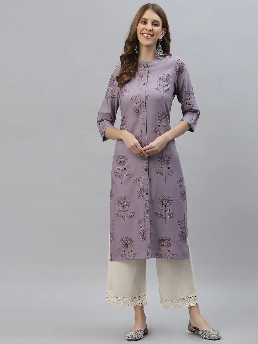 Floral Rayon Indian Kurtis - Lavender Straight Kurta for Women