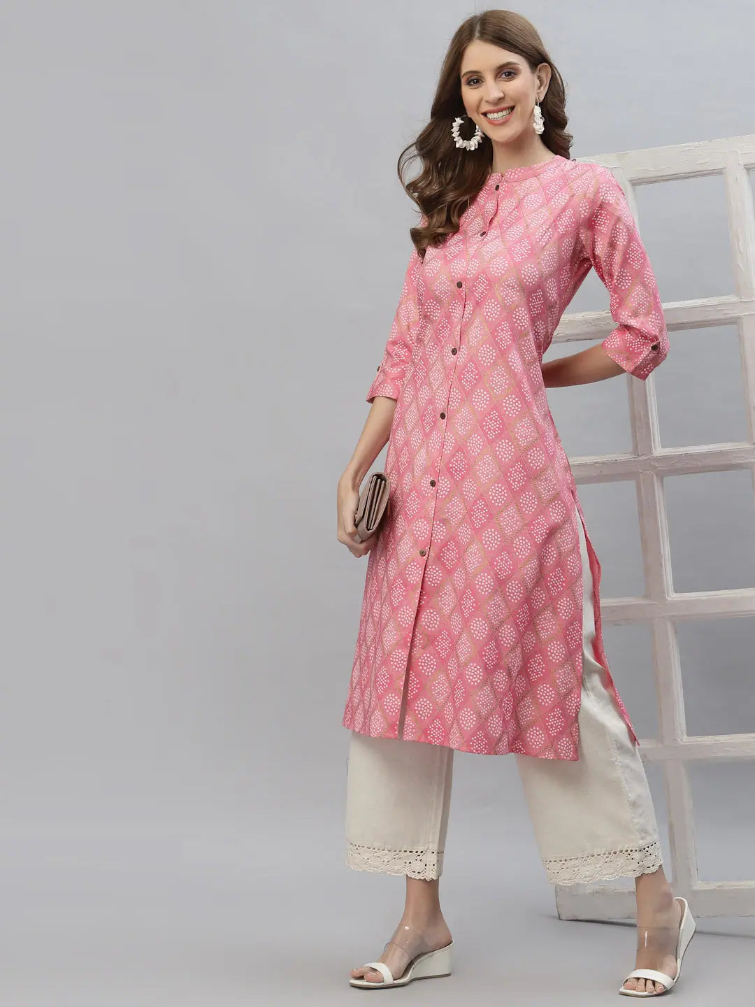 Pink Bandhani Print A-Line Indian Kurta for Women - Cotton