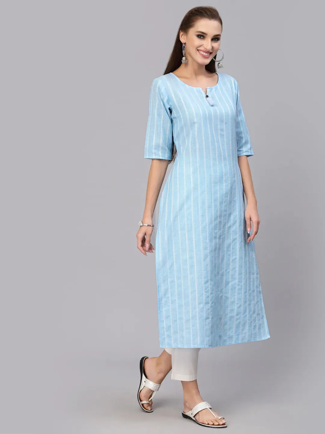 Blue Striped Indian Kurta for Women - Cotton Blend Kurtis